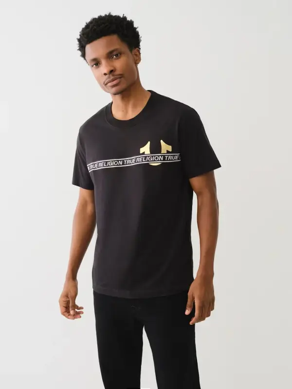 True Religion Black T-Shirt with Yellow Logo Stripe