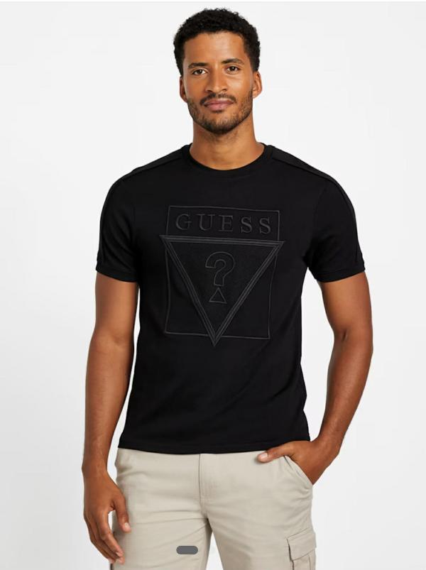 Guess Men’s Black T-Shirt with Embossed Triangle Logo