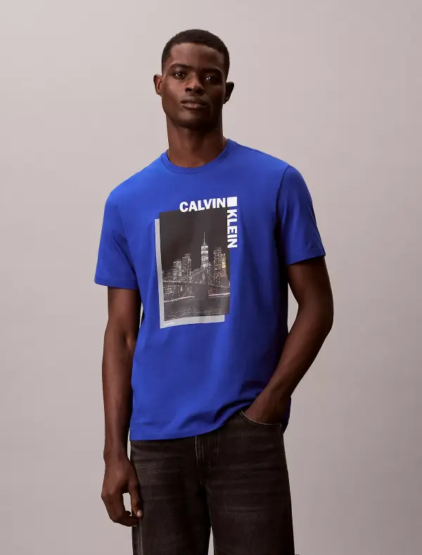 Calvin Klein Men’s Blue City Print T-Shirt | 100% Cotton | Original