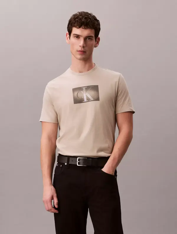 Calvin Klein Men’s Beige T-Shirt with CK Front Logo | 100% Cotton | Original