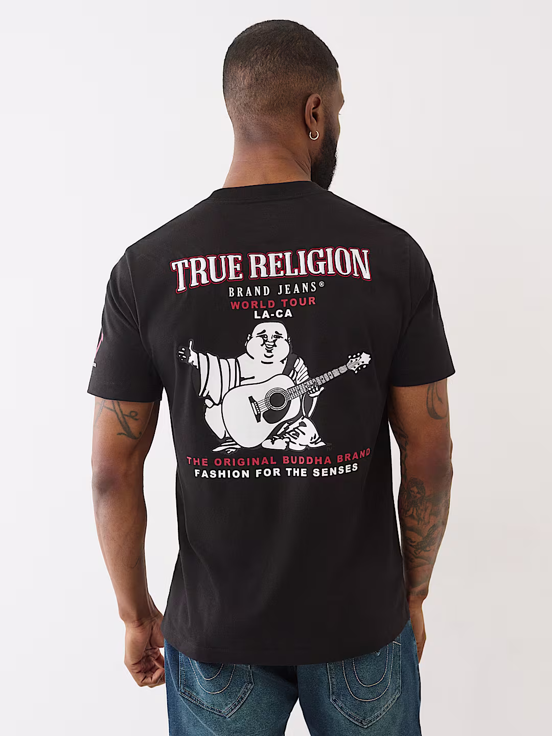 True Religion Men’s Black T-Shirt with Buddha Back Print | 100% Cotton | Original