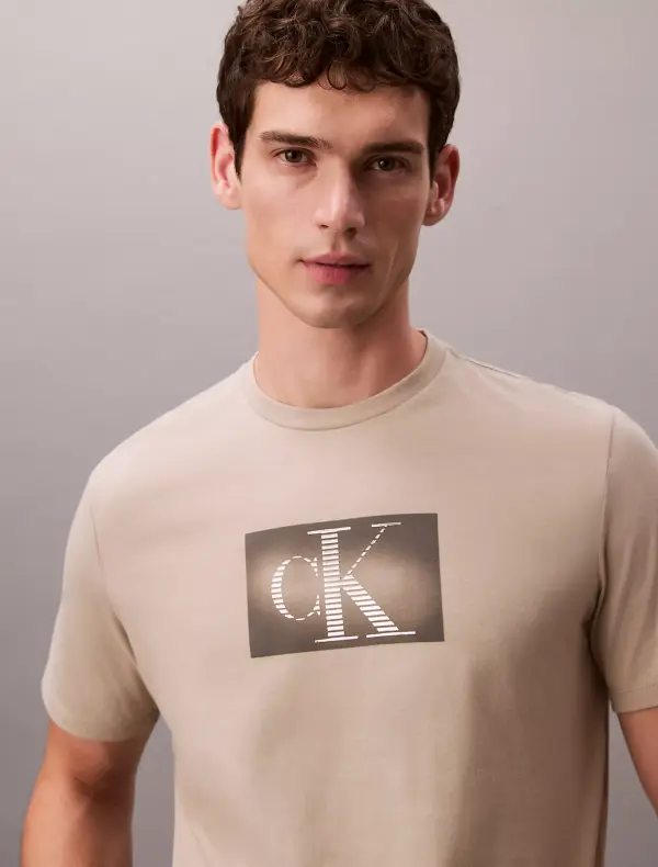 Calvin Klein Men’s Beige T-Shirt with CK Front Logo | 100% Cotton | Original